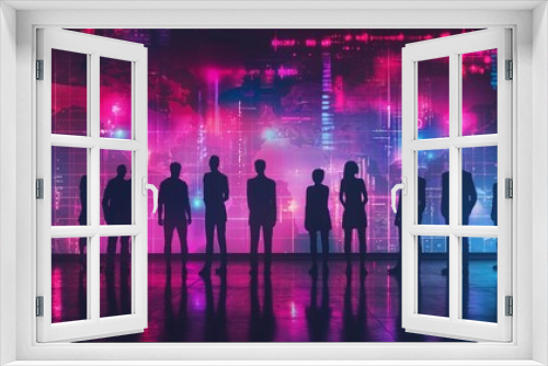 Group of business people in silhouette standing and talking, digital screen displaying graphs of global data and a world map, a futuristic neon background, in the style of digital technology concept