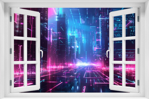 Sci-fi inspired tech imagery with neon lights and pixelated textures,