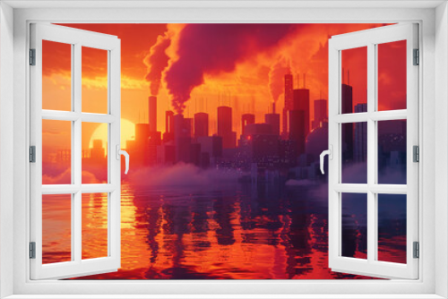 Sunset Behind Smoke Plumes in a Cityscape Illustrating Climate Change