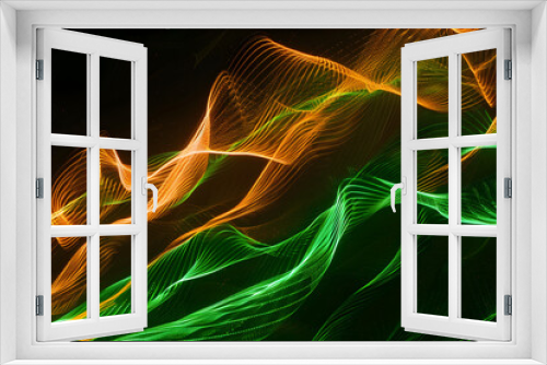Dynamic neon green and orange abstract waves of light. Eye-catching artwork on black background.