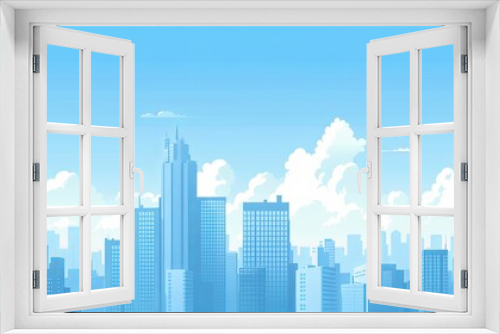 Flat design illustration of a cityscape with skyscrapers, buildings and other urban architecture against a clear sky with clouds