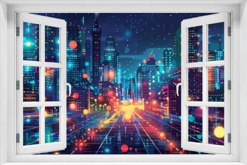 A conceptual illustration of a smart city, with buildings emitting digital pulses and connected by highspeed data links, emphasizing the integration of IoT devices in urban management