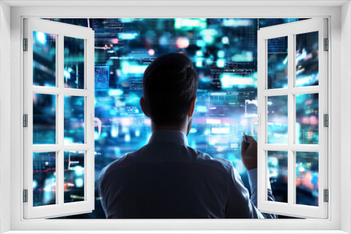 Futuristic Silhouette of a Man Analyzing Data on High-Tech Digital Screens
