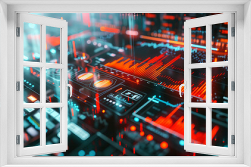 Futuristic digital DJ mixing console with glowing red and blue interface and dynamic sound visualizations.