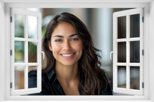 A Smiling, Confident Latin Woman Looks Directly At The Camera, Background HD For Designer        