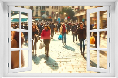 Blurred background of a busy street with a crowd walking fast, with a motion blur effect. Abstract blurred people in a city center during daylight. A concept for business growth