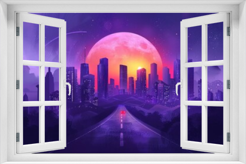 Digital art of a futuristic city with a large red moon rising behind skyscrapers under a starry night sky.