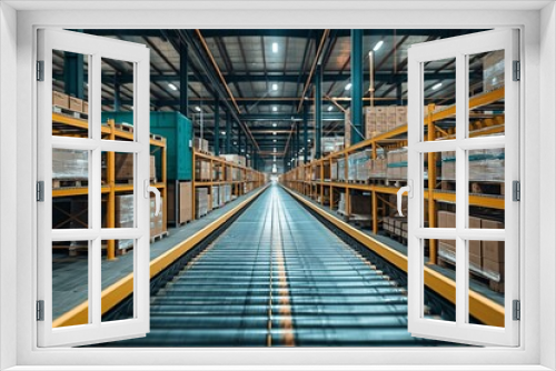 Long conveyor belt flanked by yellow shelves stacked with boxes in a warehouse