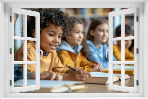 group of kids sit at tables with books and study at primary school