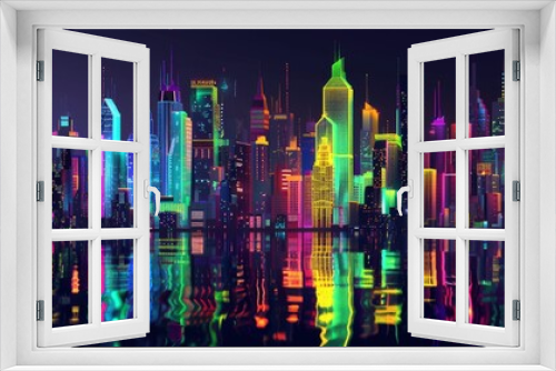 A skyline with a neon colored city at night, showing a cityscape with a vibrant reflection in a river, Ai Generated