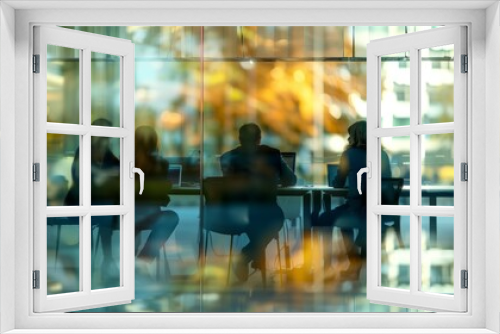 Blurred offices with people working behind glass walls