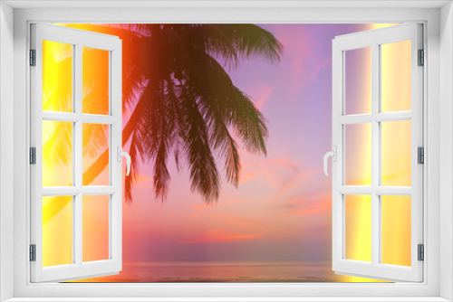 Fototapeta Naklejka Na Ścianę Okno 3D - Tropical beach with palm tree at sunset, vintage stylized