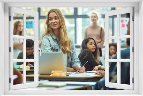 A woman standing in front of a classroom filled with students, teaching a lesson.