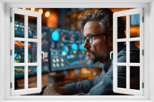 A focused male analyst works intently on multiple data screens, showcasing the intensity and concentration required for data analysis and technology-driven insights