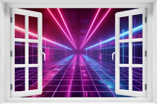 3d render of colorful neon light laser lines flying in the dark room with grid floor, futuristic abstract background