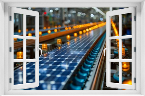 Close-up of solar panels moving on a conveyor belt in a high-tech factory with glowing safety lights