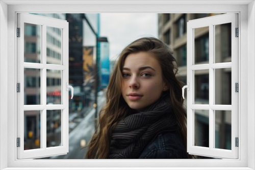 Portrait of a young Caucasian woman with long hair, wearing a scarf, against a city backdrop.