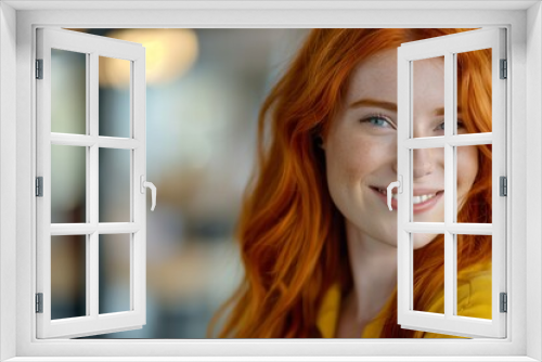 Close-up of a radiant redhead woman with a captivating smile, exuding warmth and confidence in a softly lit indoor setting that highlights her fiery hair and sparkling eyes