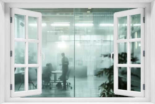 Blurred office with people working behind glass wall hyper realistic 