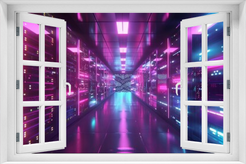 Futuristic visualization of a data center or server room with glowing elements, highlighting network operations