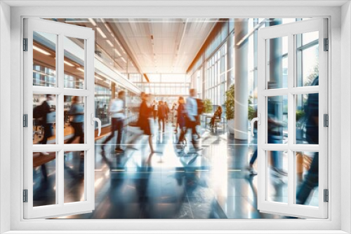 People walking in blurred motion through office halls with a busy co-working space