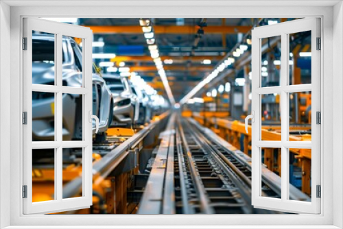 Modern car factory assembly line on white background producing passenger vehicles