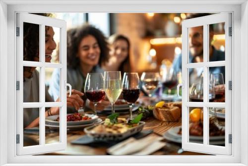 Group of People Sitting Around a Table With Wine Glasses, A casual weeknight dinner where family members unwind and relax together after a long day