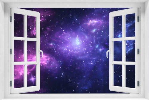 Vibrant galaxy illustration with purple and blue nebulae. Space exploration and astronomy concept for poster and wallpaper design
