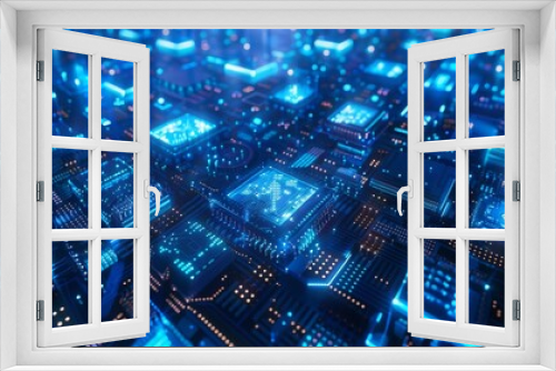 A glowing blue circuit board with a central processor.