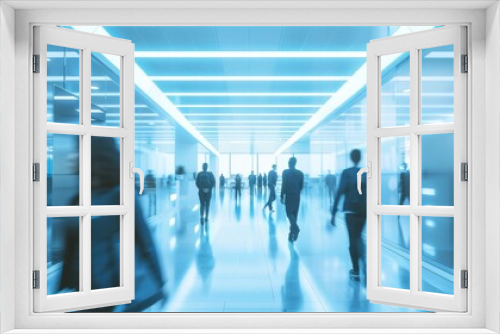 image of inside an office with people moving in the background, with light blue and white