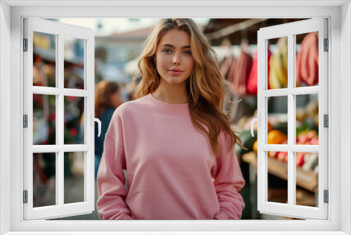 Young woman, wearing a pink crewneck sweatshirt at outdoor market, blurred background,  light curly hair with freckles 