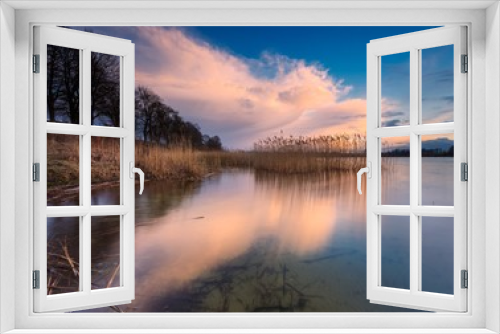 Fototapeta Naklejka Na Ścianę Okno 3D - Beautiful lake with colorful sunset sky. Tranquil vibrant landsc