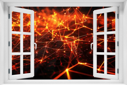 An intricate web of glowing orange and red lines interconnected on a black backdrop creating a fiery plexus effect with a designated space for text along the top edge