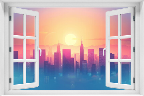 A panoramic urban skyline bathed in a colorful sunset with silhouetted skyscrapers, symbolizing city life.