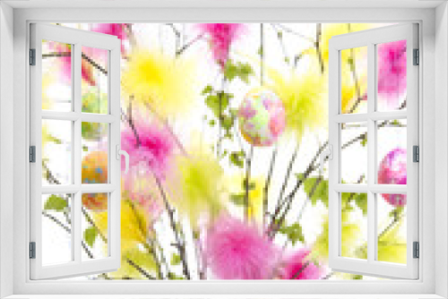 Fototapeta Naklejka Na Ścianę Okno 3D - Easter Twigs with Coloured Feathers and Eggs