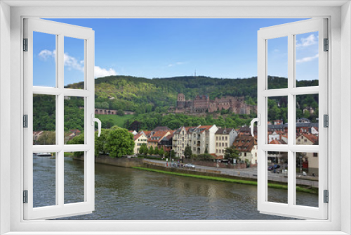 Fototapeta Naklejka Na Ścianę Okno 3D - Quay and barge in the river in summer Heidelberg