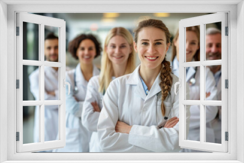 Confident female doctor with arms crossed smiling with medical team in background