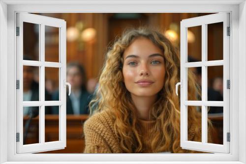 Portrait of a young woman with stunning blue eyes and curly blonde hair at a professional gathering