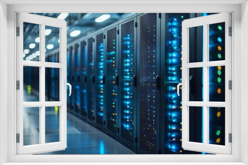 The vast server room with racks of blinking lights symbolizes the backbone of the internet and data storage