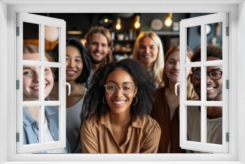 Diverse Professionals Smiling Together, Multicultural people taking group selfie portrait in the office or coffee shop, happy lifestyle and teamwork and friendship concept
