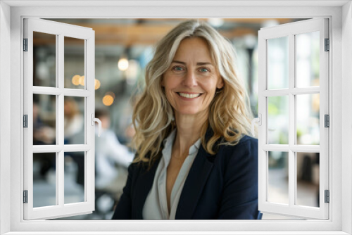 A confident businesswoman smiles warmly while posing in a modern office environment. Woman dressed in professional attire on blurred background with colleagues, open workspace