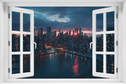 City Night View From Rooftop, A panoramic view of a bustling city skyline at dusk, with twinkling lights reflecting on the river below