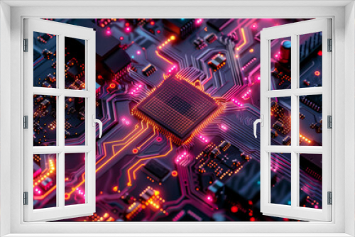 Close-up of an illuminated high-tech circuit board, showcasing advanced computer technology.