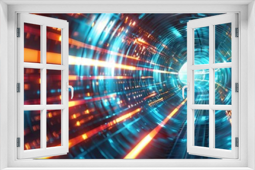 abstract futuristic background features a portal tunnel with turquoise, red, and gold glowing neon lights.
