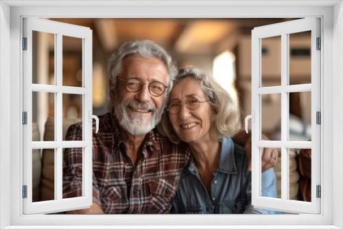 Joyful Senior Couple Embracing New Home: Genuine Smiles and Love in Wide Long Shot with Depth of Field