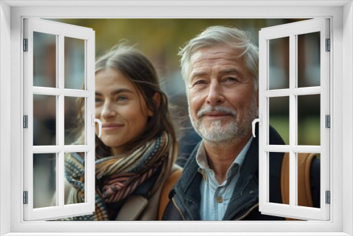 An elderly Caucasian man with a thoughtful expression and a young woman smile as they walk together in a bustling urban environment.