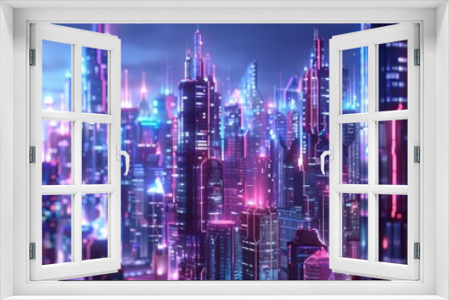 Produce a dynamic side view animation of a futuristic cityscape merging financial trends seamlessly with nanotechnology