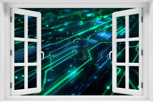 Abstract digital background with blue and green glowing lines on black, creating an illustration of circuit board patterns and network connections.