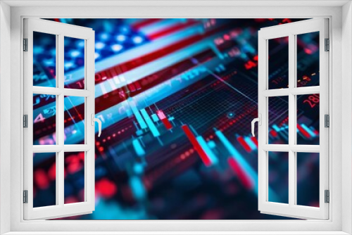 A digital stock ticker displaying finance data with a USA flag background, top view, showcasing market trends, cybernetic tone, vivid