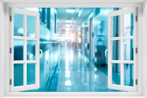 The hospital hallway is empty. The floor is highly polished and the walls are painted in a light blue color. The ceiling is made of white tiles.
